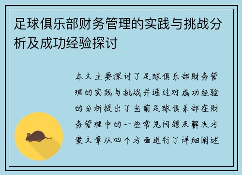 足球俱乐部财务管理的实践与挑战分析及成功经验探讨 足球俱乐部财务管理的实践与挑战分析及成功经验探讨